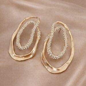 Golden Waves Crystal Double Oval Statement Earrings